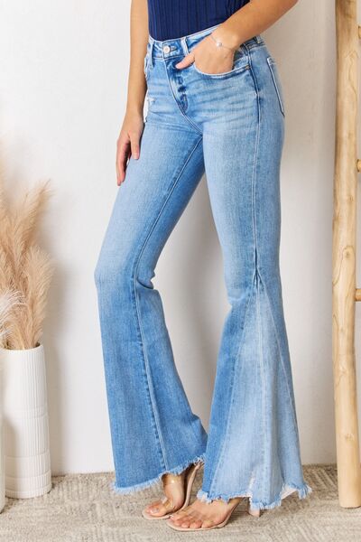 Kancan Mid Rise Raw Hem Flare Jeans Trendsi