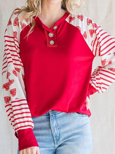 Heart Striped Quarter Button Long Sleeve T-Shirt Trendsi