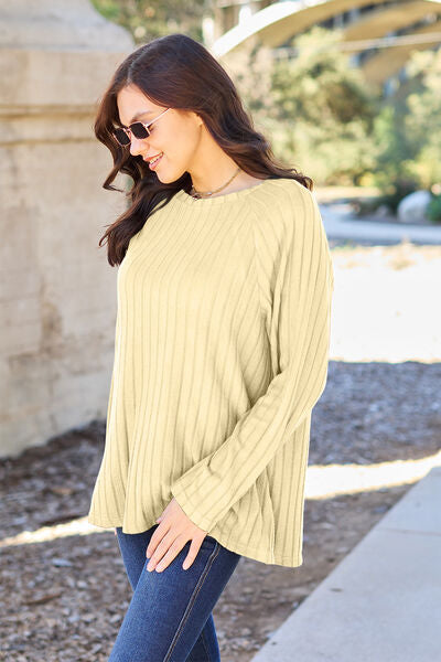 Basic Bae Full Size Ribbed Round Neck Long Sleeve Knit Top Trendsi