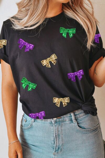 Bow Print Sequin Round Neck Short Sleeve T-Shirt Trendsi