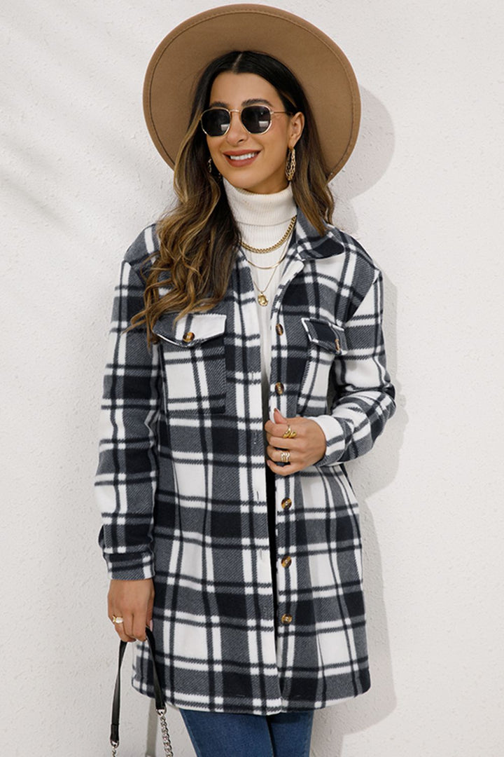 Plaid Collared Longline Coat Trendsi