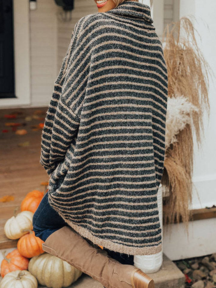 Striped Turtleneck Sweater with Pockets Trendsi