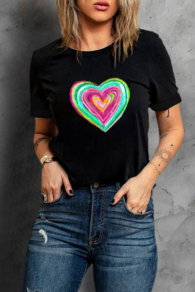 Heart Round Neck Short Sleeve T-Shirt Trendsi