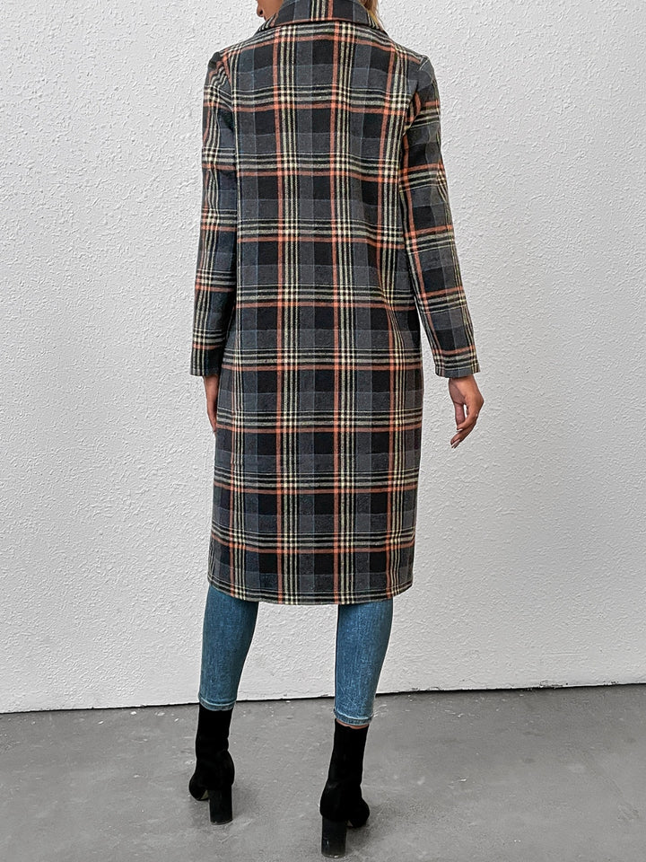 Plaid Lapel Collar Trench Coat Trendsi