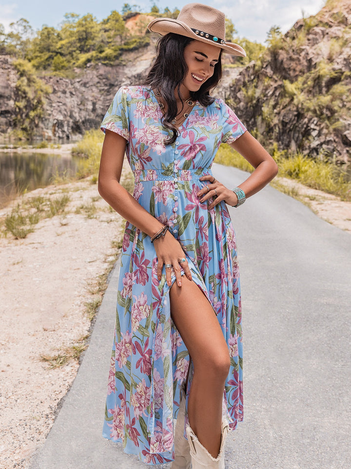 Floral V-Neck Slit Dress Trendsi