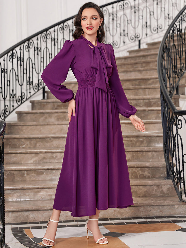 Tie-Neck Balloon Sleeve Dress Trendsi