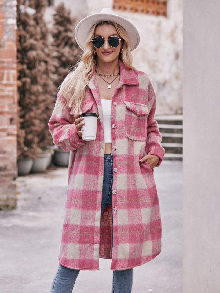 Plaid Dropped Shoulder Slit Coat - Super Amazing Store