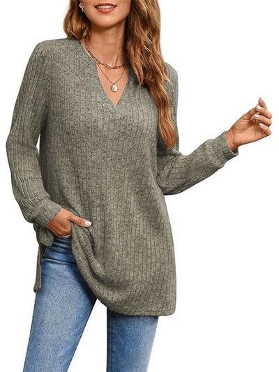 Slit Notched Pocketed Long Sleeve T-Shirt Trendsi