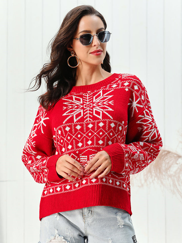 Snowflake Pattern Round Neck Sweater - Super Amazing Store