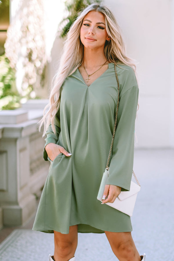 Notched Long Sleeve Dress with Pockets Trendsi