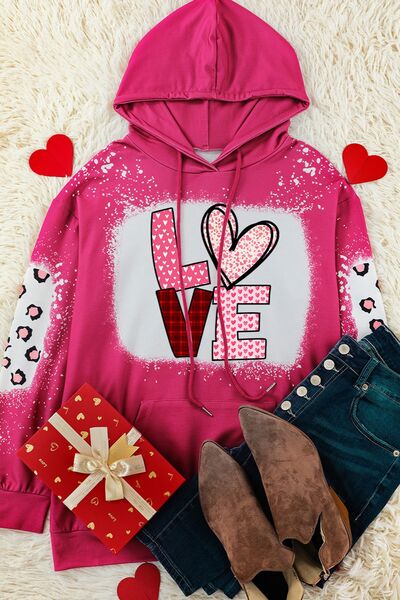 LOVE Heart Drawstring Dropped Shoulder Hoodie Trendsi