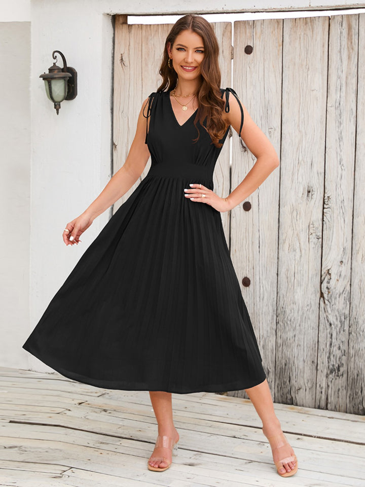 Pleated V-Neck Sleeveless Midi Dress Trendsi