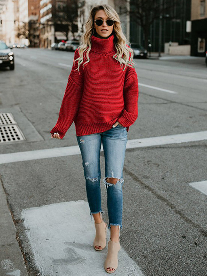 Turtleneck Dropped Shoulder Slit Sweater - Super Amazing Store