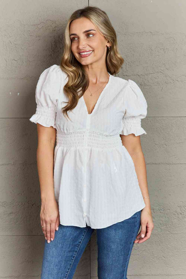 Culture Code Sweet Serenity  Full Size V-Neck Puff Sleeve Button Down Top Trendsi