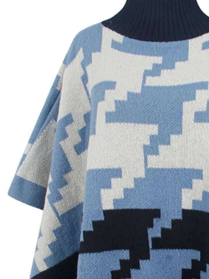 Turtleneck Pom-Pom Trim Poncho Trendsi