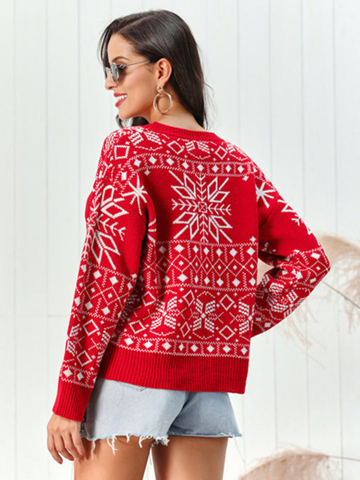 Snowflake Pattern Round Neck Sweater - Super Amazing Store