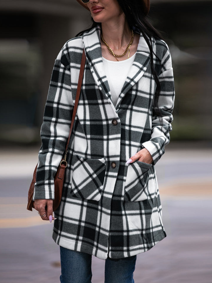 Plaid Shawl Collar Coat with Pockets - Super Amazing Store