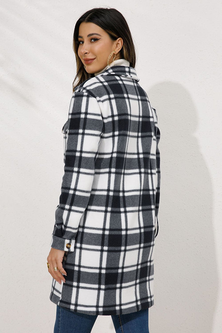 Plaid Collared Longline Coat Trendsi