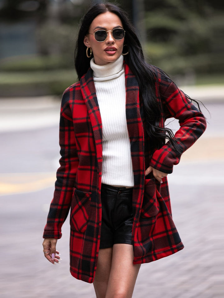 Plaid Shawl Collar Coat with Pockets - Super Amazing Store