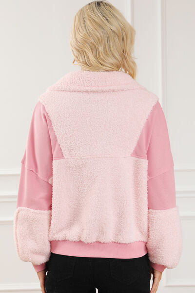 Fuzzy Half Zip Dropped Shoulder Sweatshirt Trendsi