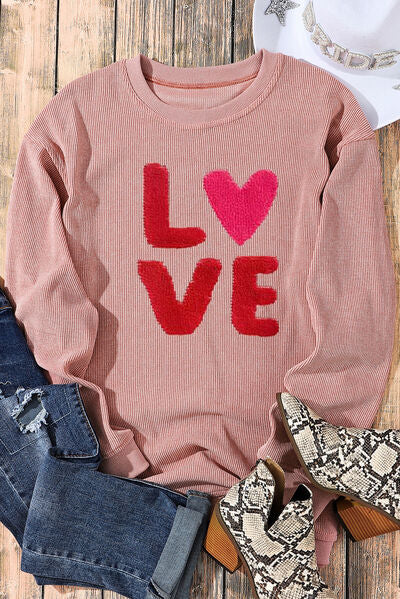 LOVE Round Neck Dropped Shoulder Sweatshirt Trendsi