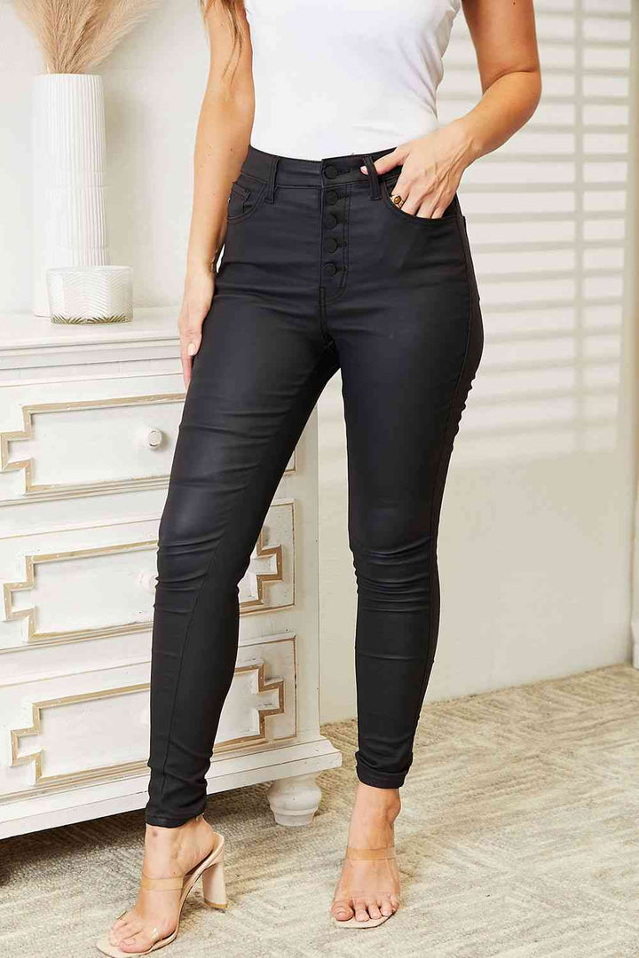 Kancan Full Size High Rise Black Coated Ankle Skinny Jeans Trendsi