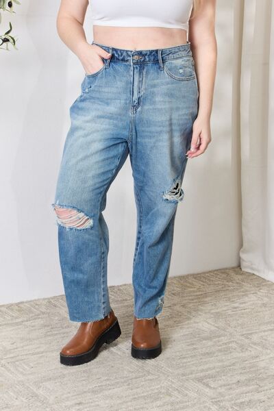 Judy Blue Full Size Distressed Raw Hem Straight Jeans Trendsi