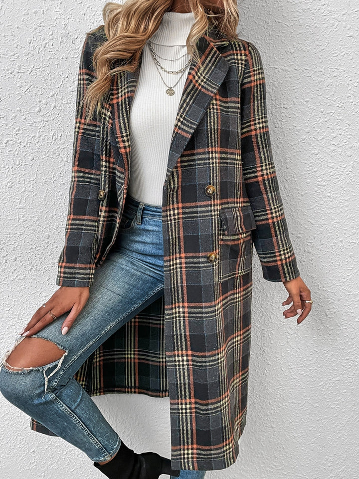 Plaid Lapel Collar Trench Coat Trendsi