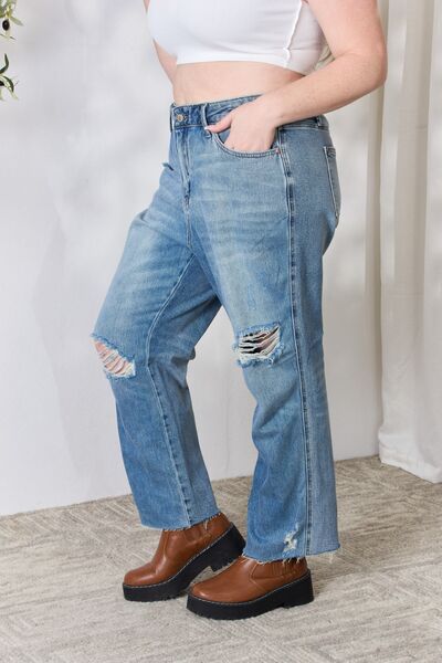 Judy Blue Full Size Distressed Raw Hem Straight Jeans Trendsi