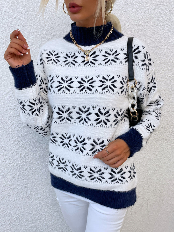 Snowflake Pattern Mock Neck Sweater - Super Amazing Store