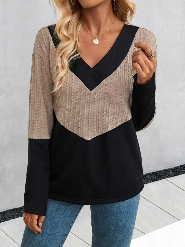 Two-Tone V-Neck Blouse Trendsi