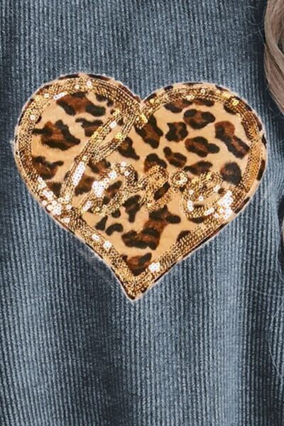 Heart Leopard Sequin Round Neck Sweatshirt Trendsi