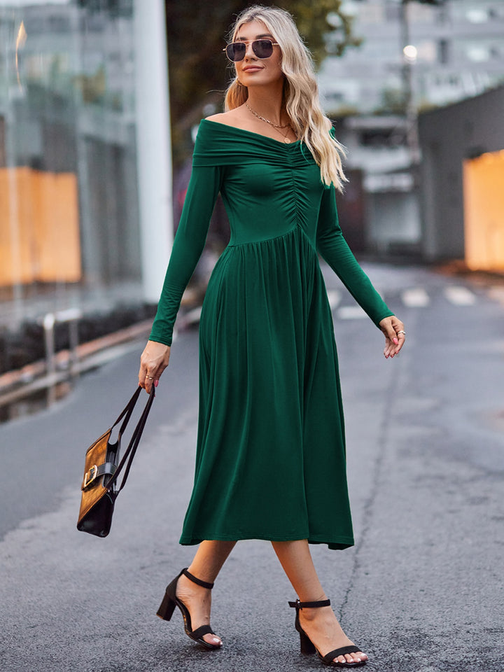 Ruched Off-Shoulder Midi Dress Trendsi