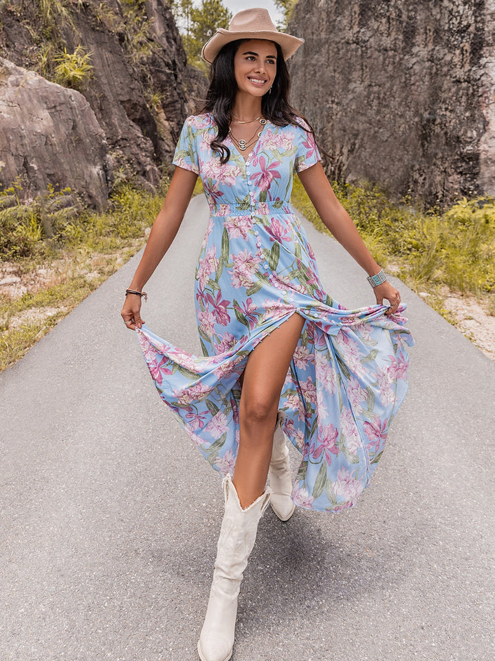 Floral V-Neck Slit Dress Trendsi