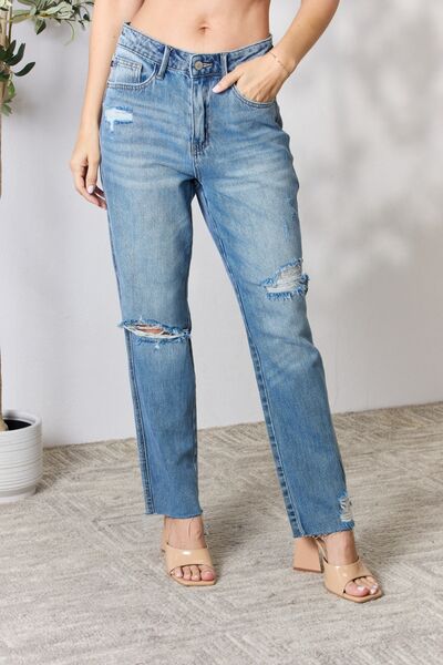 Judy Blue Full Size Distressed Raw Hem Straight Jeans Trendsi