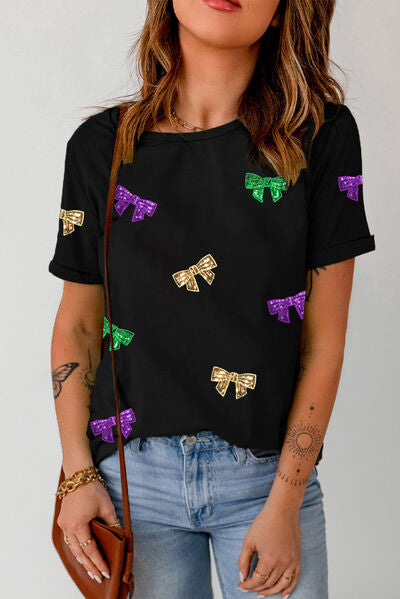 Bow Print Sequin Round Neck Short Sleeve T-Shirt Trendsi