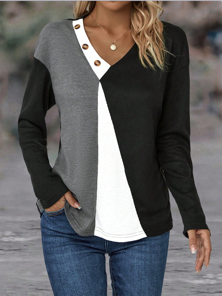 Color Block Decorative Button V-Neck Top Trendsi