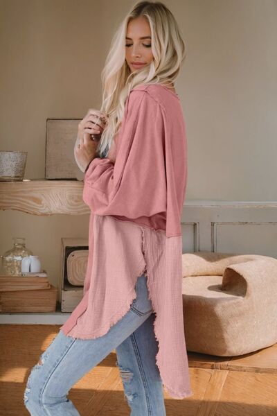 Contrast Texture Round Neck Long Sleeve Blouse Trendsi