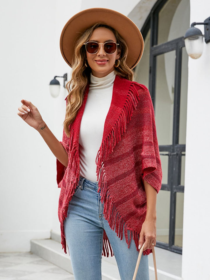 Fringe Detail Open Front Poncho Trendsi