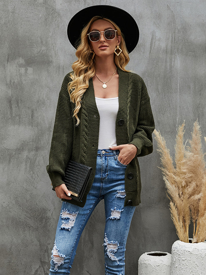 Cable-Knit Dropped Shoulder Cardigan Trendsi