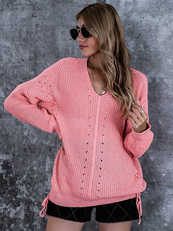 Lace-Up V-Neck Dropped Shoulder Sweater - Super Amazing Store