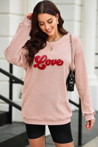 LOVE Round Neck Dropped Shoulder Sweatshirt Trendsi