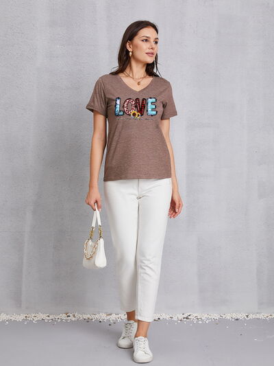 Letter Graphic V-Neck Short Sleeve T-Shirt Trendsi