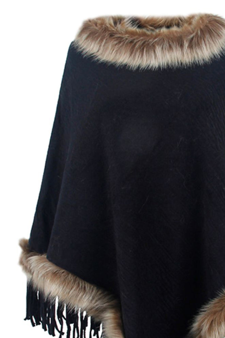 Faux Fur Trim Fringed Poncho - Super Amazing Store