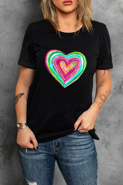 Heart Round Neck Short Sleeve T-Shirt Trendsi