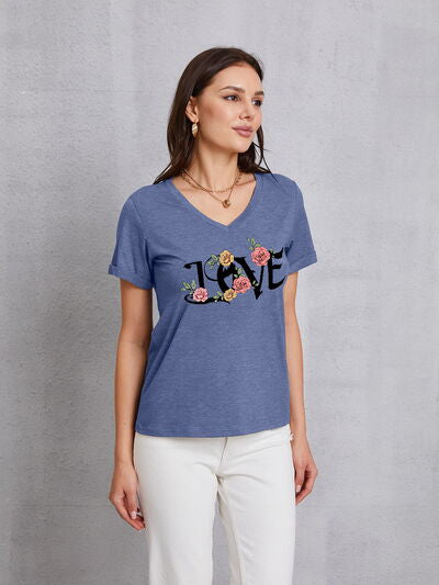 LOVE V-Neck Short Sleeve T-Shirt Trendsi