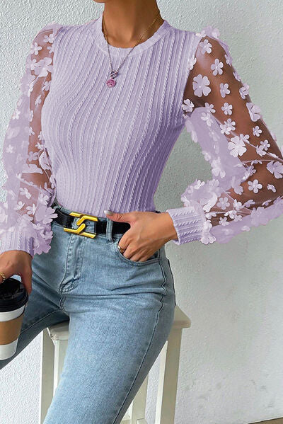 Double Take Textured Applique Long Sleeve Blouse Trendsi