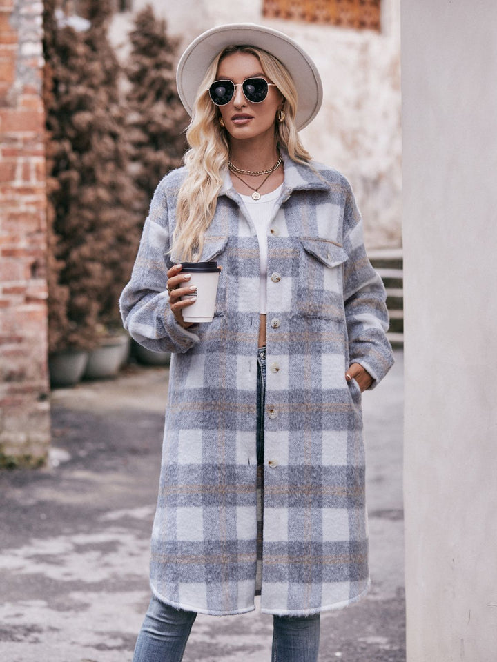 Plaid Dropped Shoulder Slit Coat - Super Amazing Store