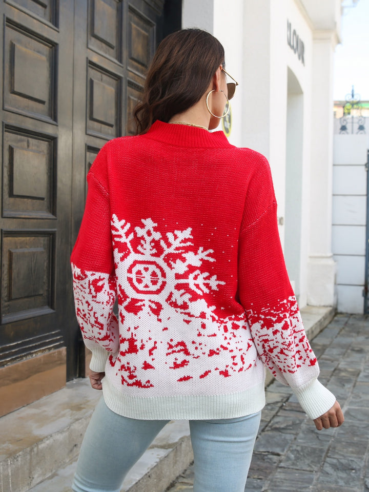 Snowflake Pattern Mock Neck Sweater - Super Amazing Store