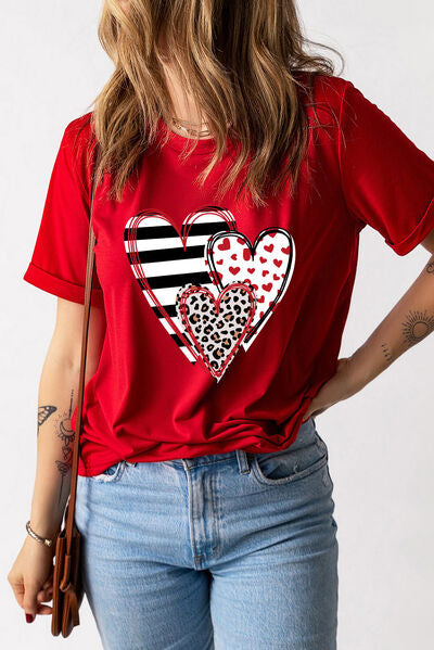 Heart Round Neck Short Sleeve T-Shirt Trendsi